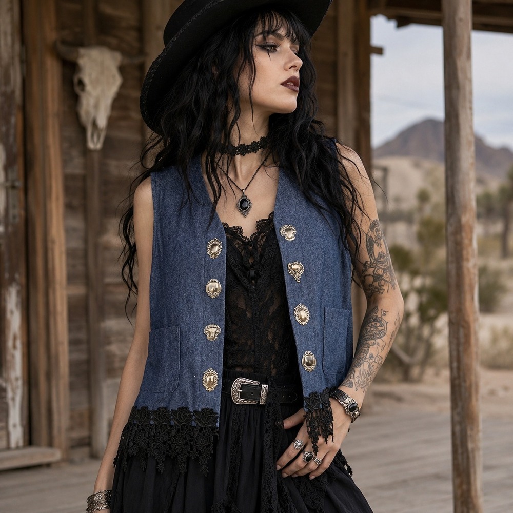 Vtg Handmade Vest Womens L /XL Denim Lace Statement Faux Buttons Western Goth - Picture 2 of 11